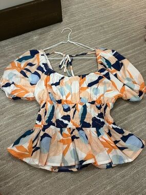 Floral Puff-Sleeve Peplum Top - Orange, Navy & Light Blue
